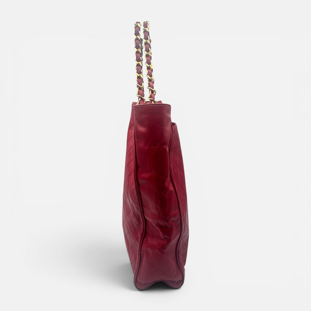 Sac Cabas Chanel Vintage Cuir d’Agneau Rouge Matelassé