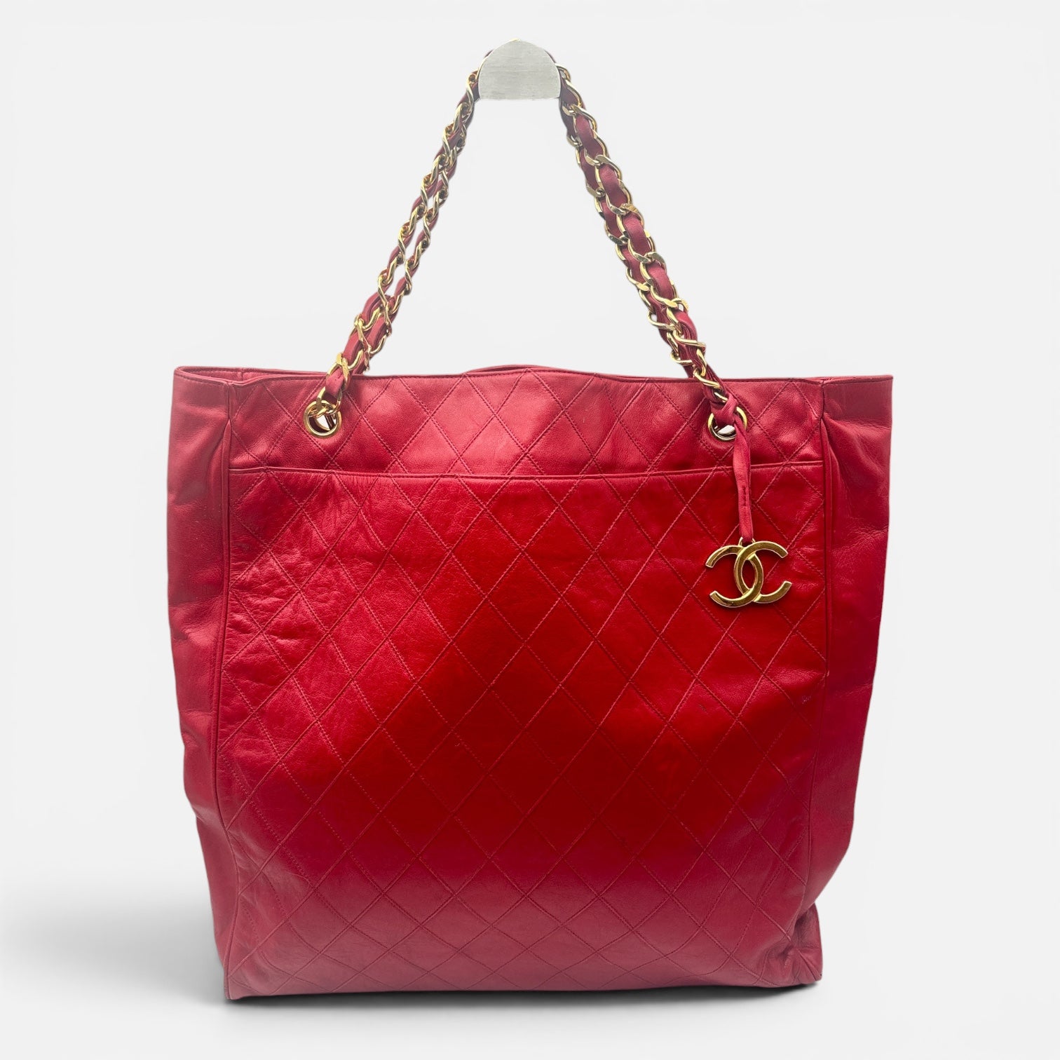 Sac Cabas Chanel Vintage Cuir d’Agneau Rouge Matelassé