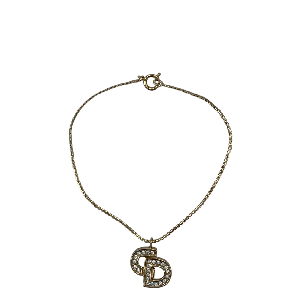 Bracelet Christian Dior Pendentif CD Strass Doré Vintage