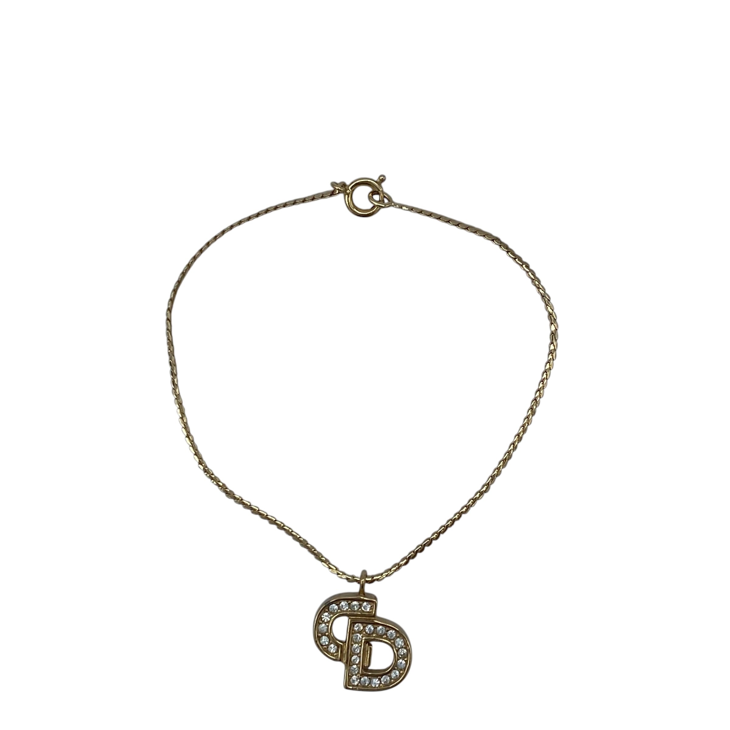 Bracelet Christian Dior Pendentif CD Strass Doré Vintage