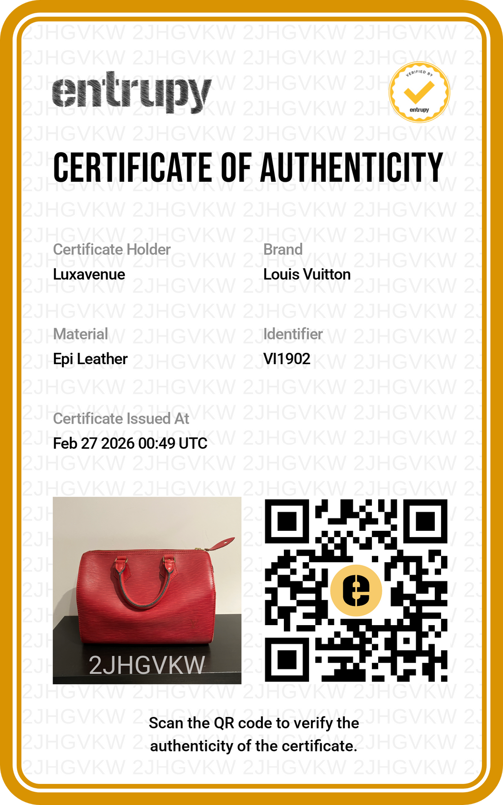 Certificat d'authenticité officiel Entrupy pour maroquinerie de luxe LuxAvenue.