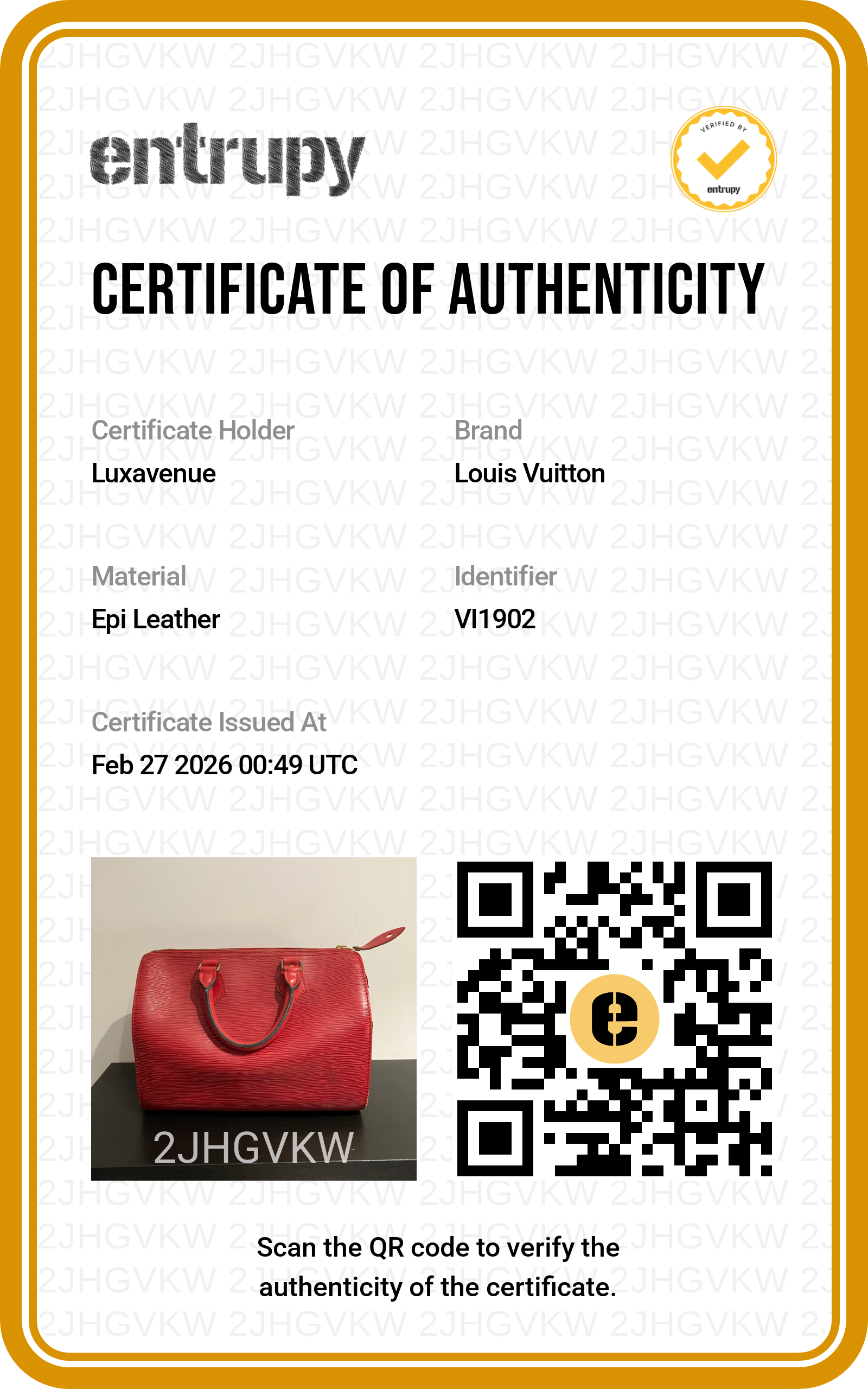 Certificat d'authenticité officiel Entrupy pour maroquinerie de luxe LuxAvenue.
