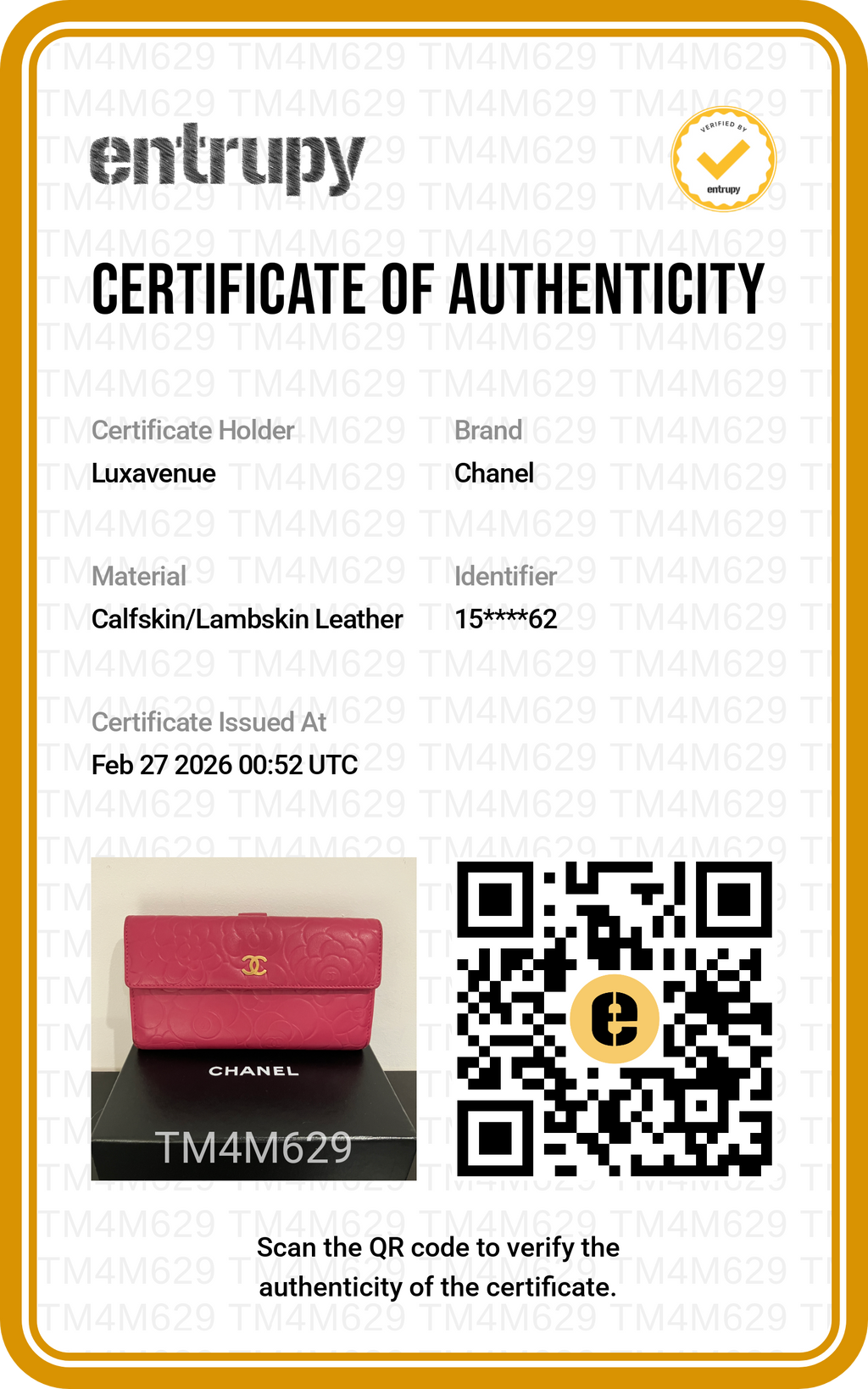 Certificat d'authenticité officiel Entrupy pour maroquinerie de luxe LuxAvenue.