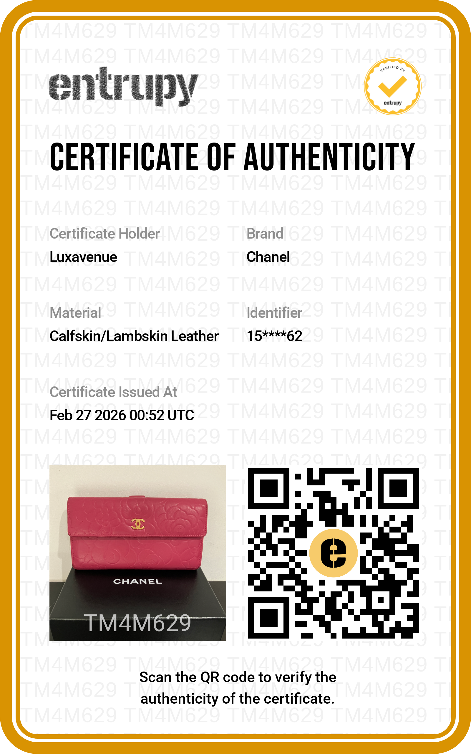 Certificat d'authenticité officiel Entrupy pour maroquinerie de luxe LuxAvenue.