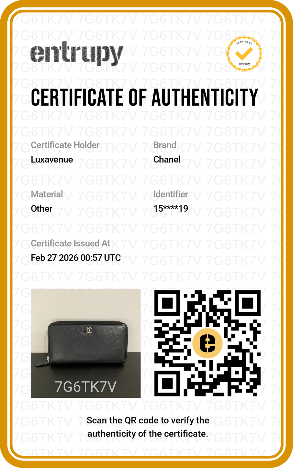 Certificat d'authenticité officiel Entrupy pour maroquinerie de luxe LuxAvenue