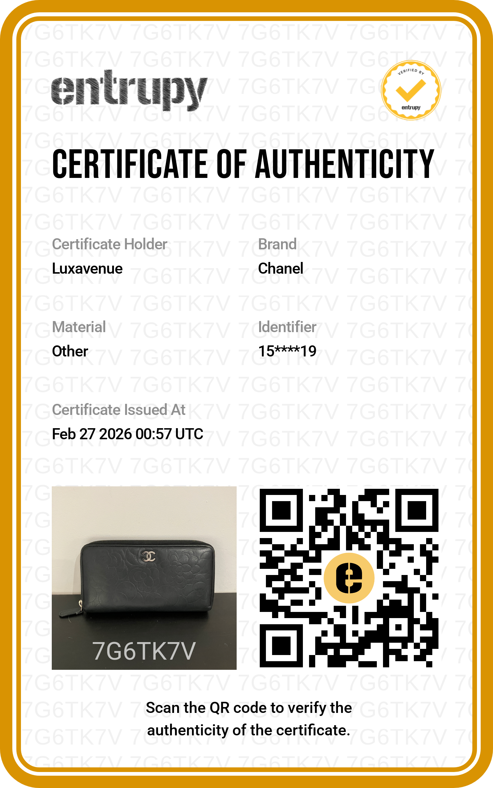 Certificat d'authenticité officiel Entrupy pour maroquinerie de luxe LuxAvenue