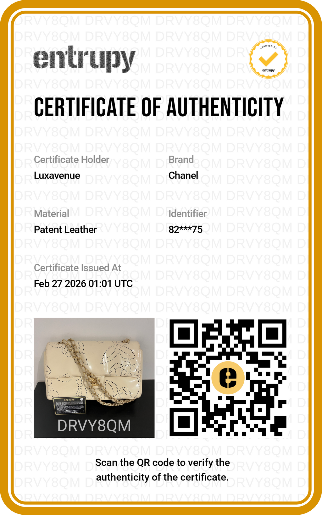Certificat d'authenticité officiel Entrupy pour maroquinerie de luxe LuxAvenue