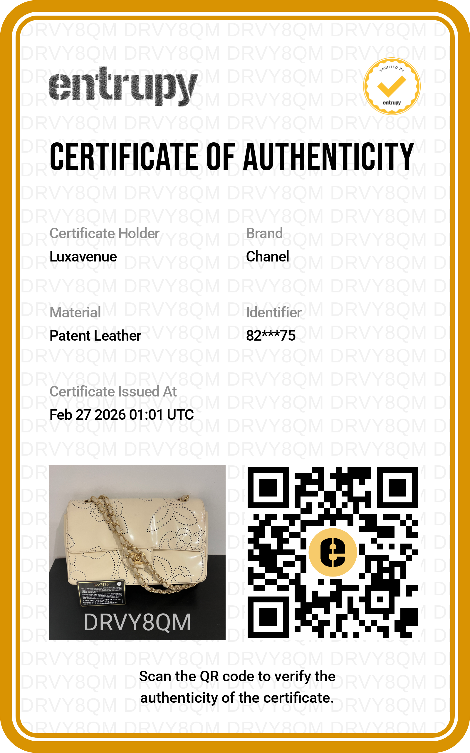 Certificat d'authenticité officiel Entrupy pour maroquinerie de luxe LuxAvenue