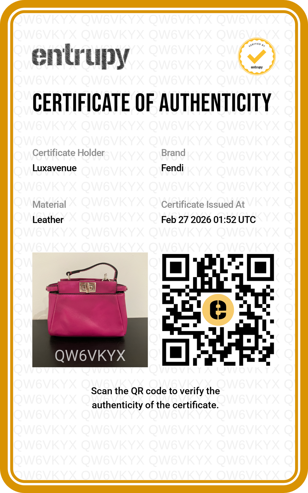 Certificat d'authenticité officiel Entrupy pour maroquinerie de luxe LuxAvenue.