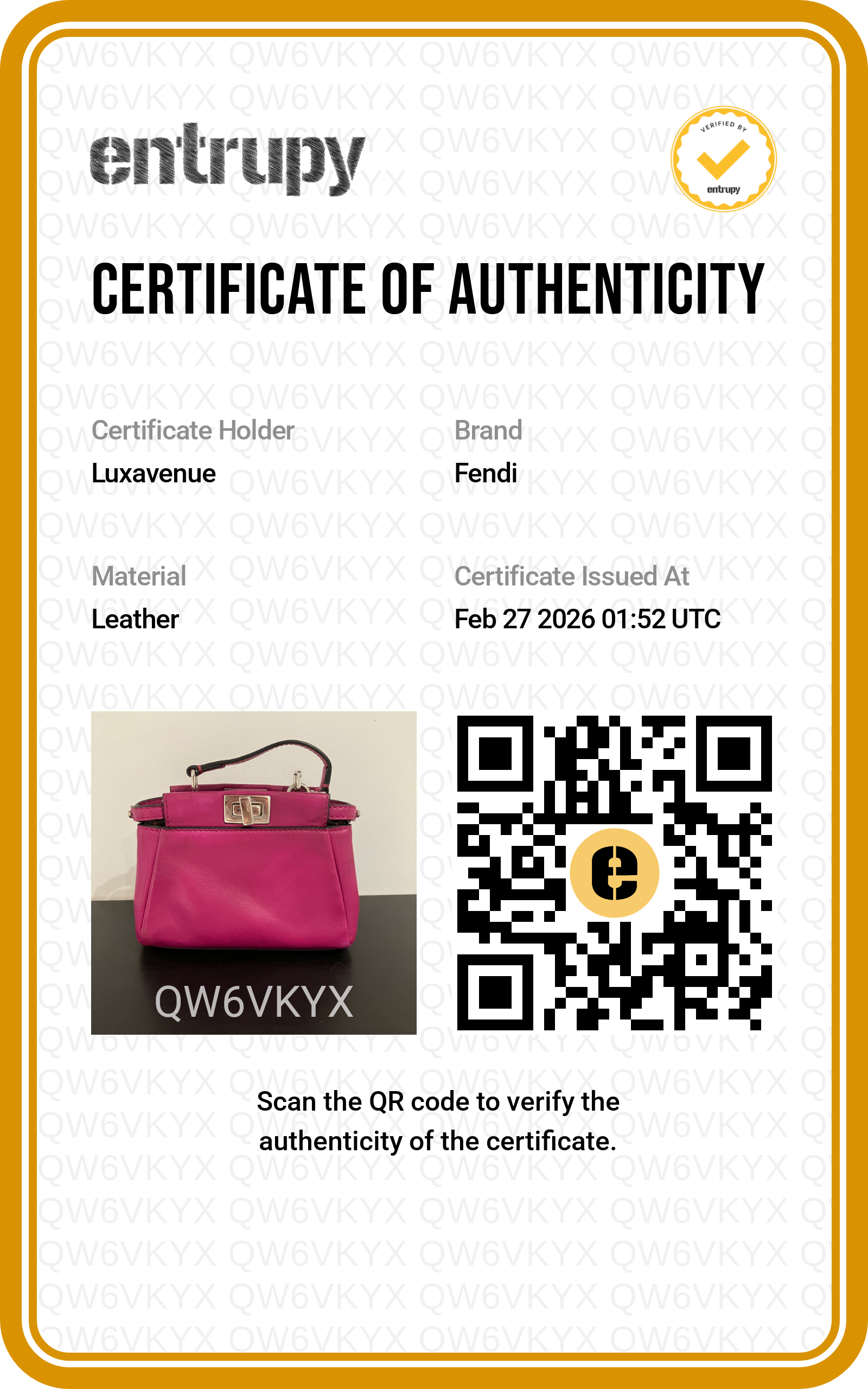 Certificat d'authenticité officiel Entrupy pour maroquinerie de luxe LuxAvenue.