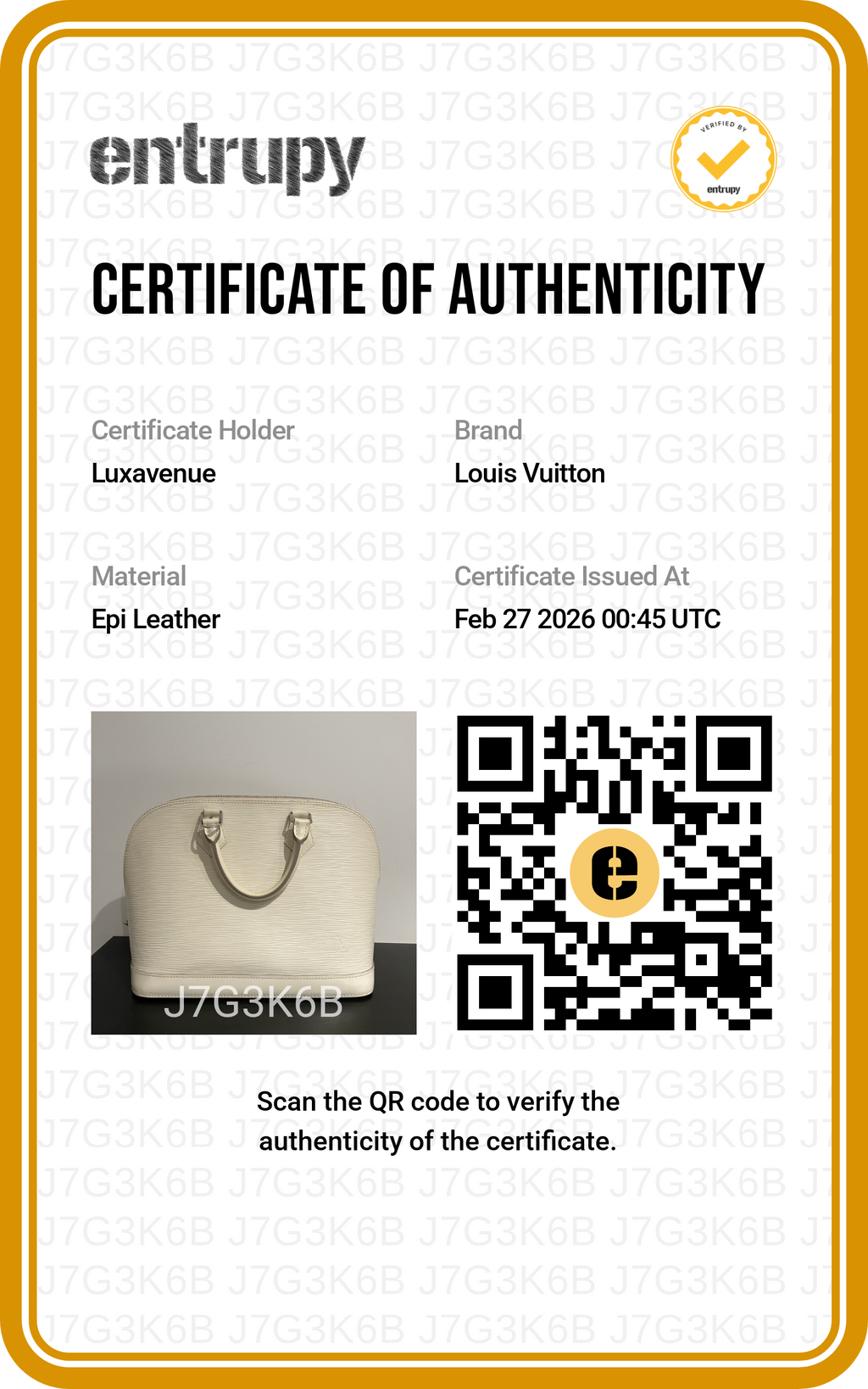 Certificat d'authenticité officiel Entrupy pour maroquinerie de luxe LuxAvenue. 