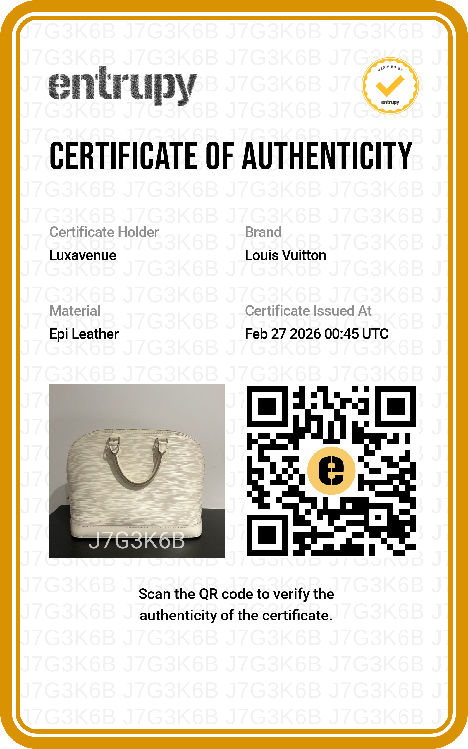 Certificat d'authenticité officiel Entrupy pour maroquinerie de luxe LuxAvenue. 