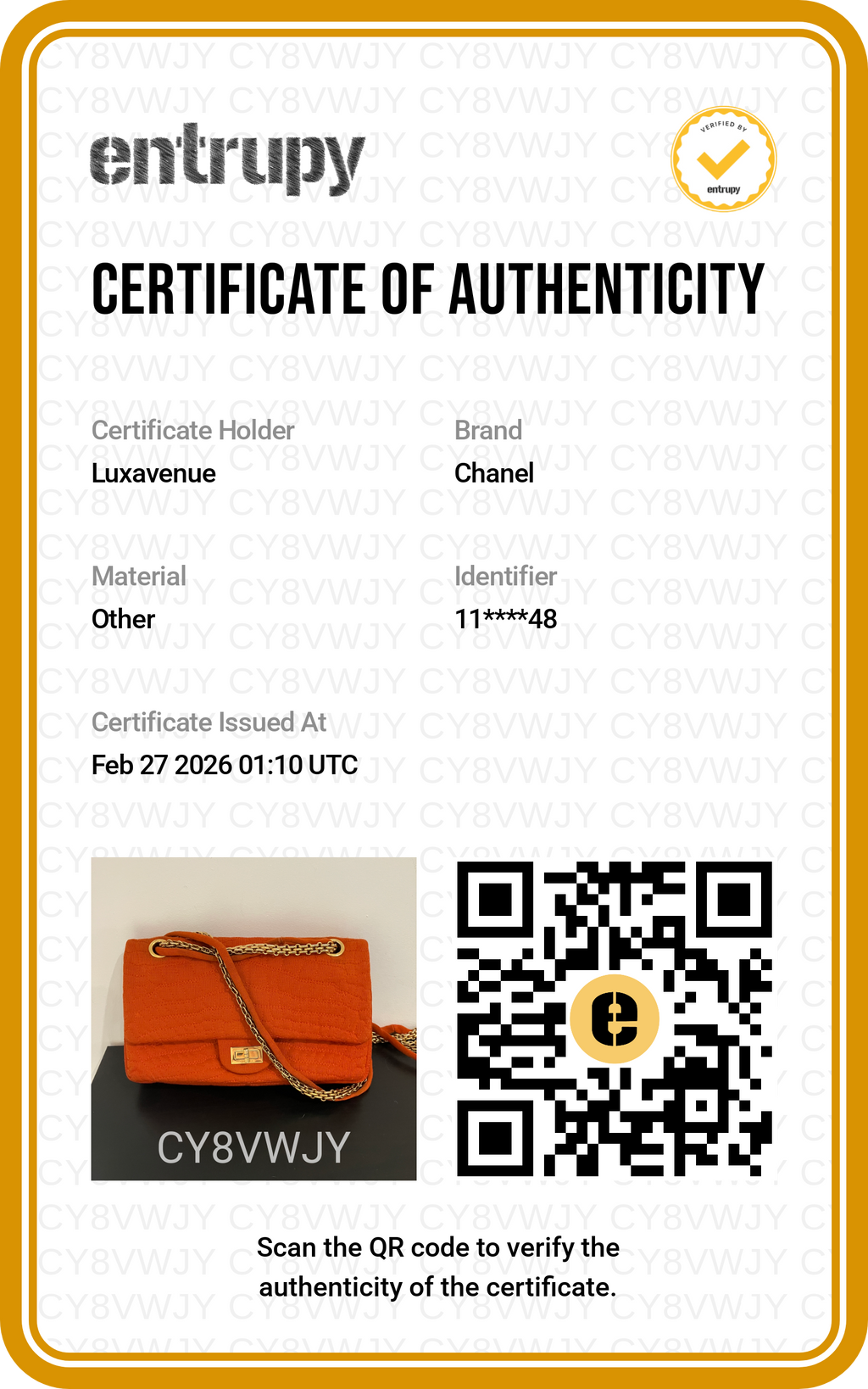 Certificat d'authenticité officiel Entrupy pour maroquinerie de luxe LuxAvenue