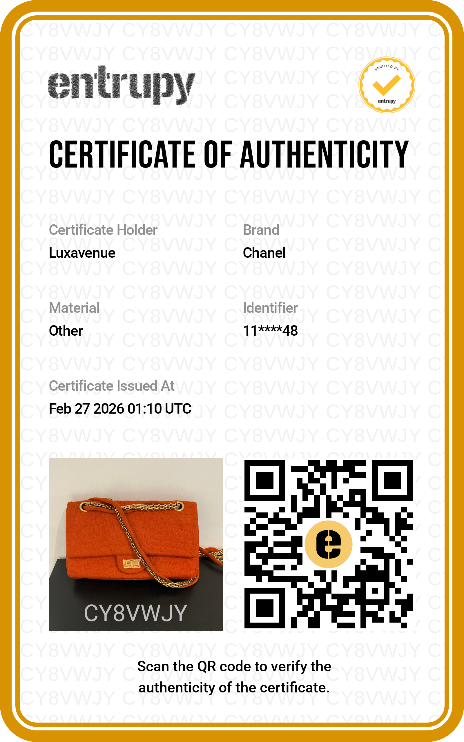 Certificat d'authenticité officiel Entrupy pour maroquinerie de luxe LuxAvenue