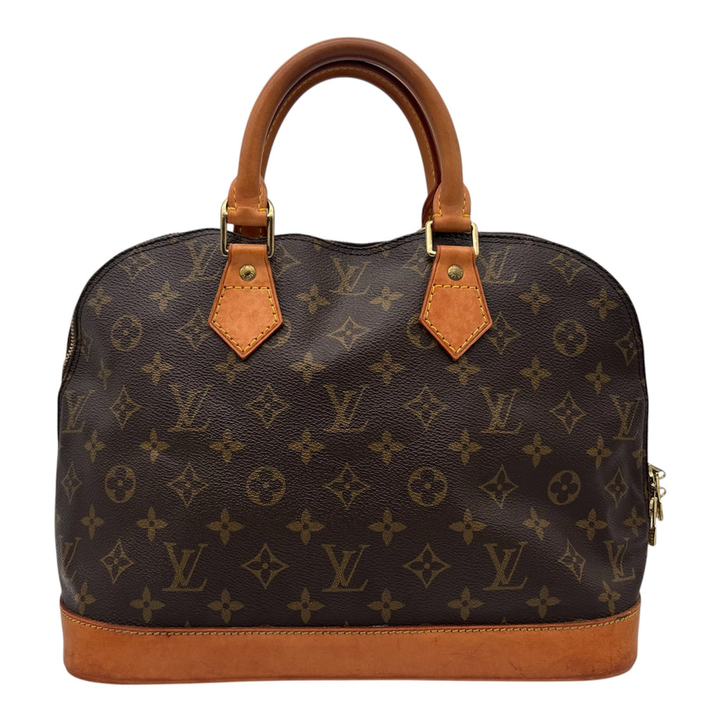 Anses de cuir naturel du Louis Vuitton Alma PM, surpiqûres jaunes et anneaux dorés
