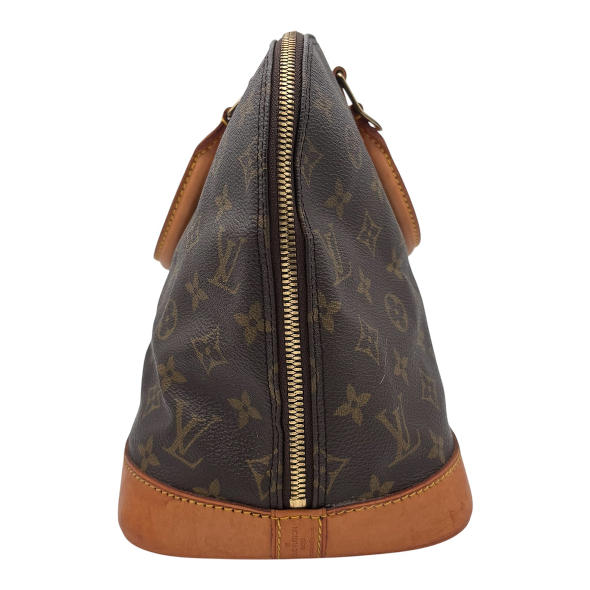 Second côté du Louis Vuitton Alma PM, toile Monogram et zip doré sur toute la hauteur